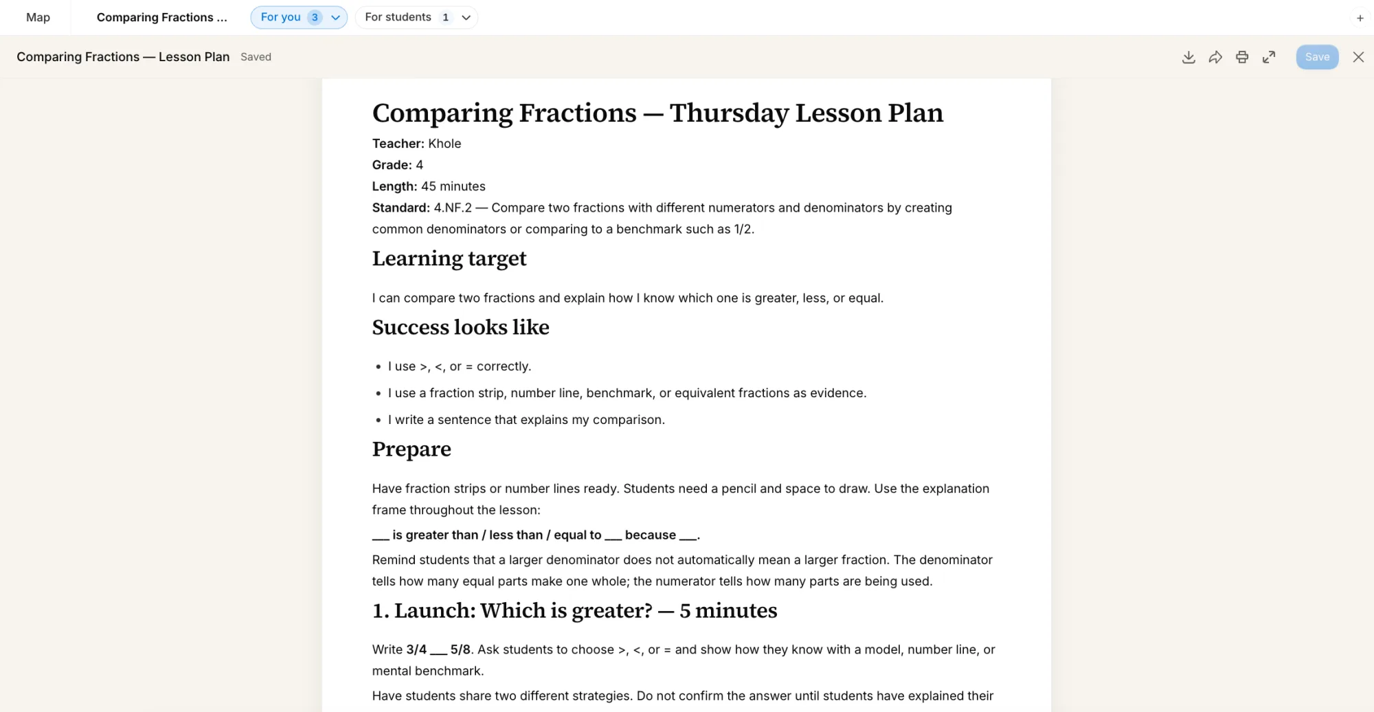 The Thursday lesson plan open in the editor: standard, learning target, what success looks like, and the first five-minute launch.