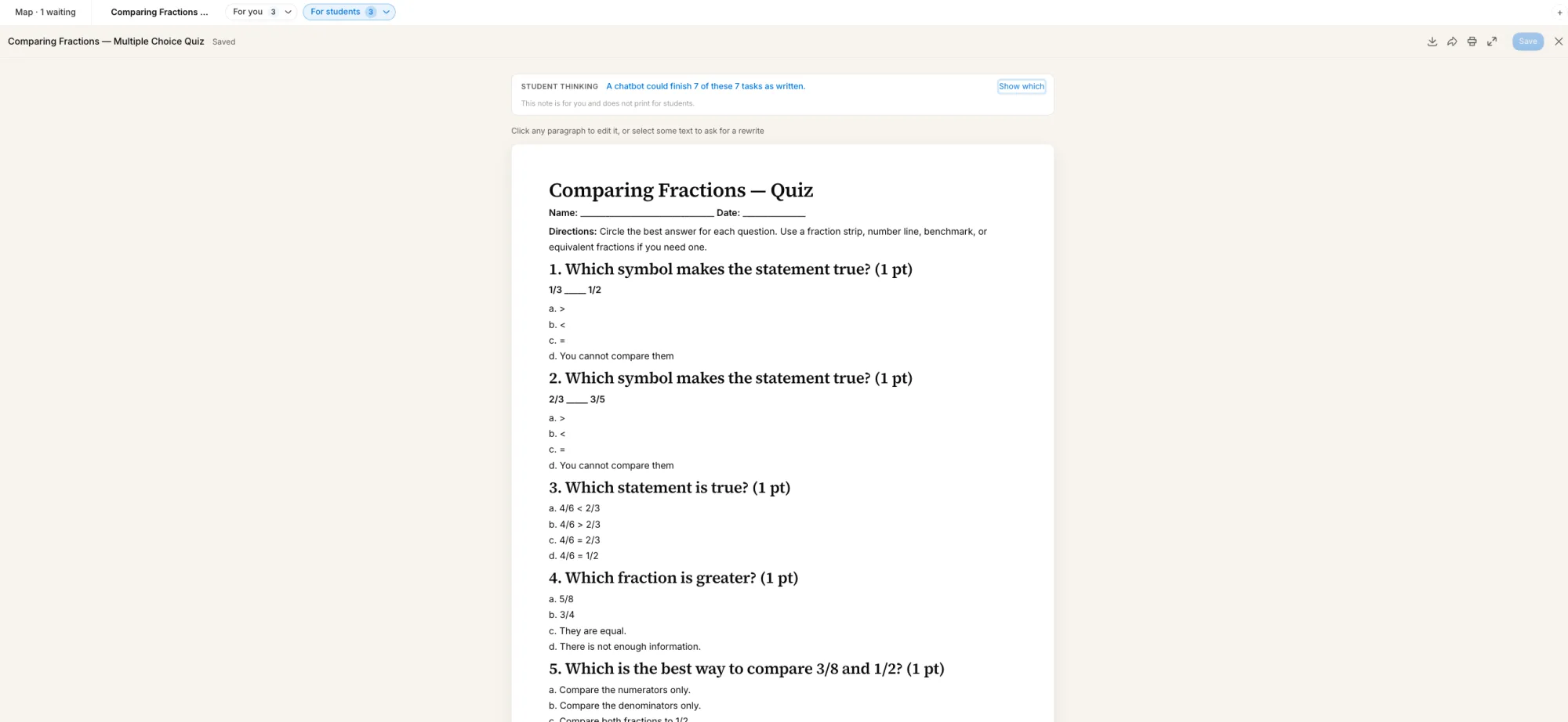 A multiple-choice quiz for students, with a note to the teacher above it that a chatbot could finish all seven tasks as written.